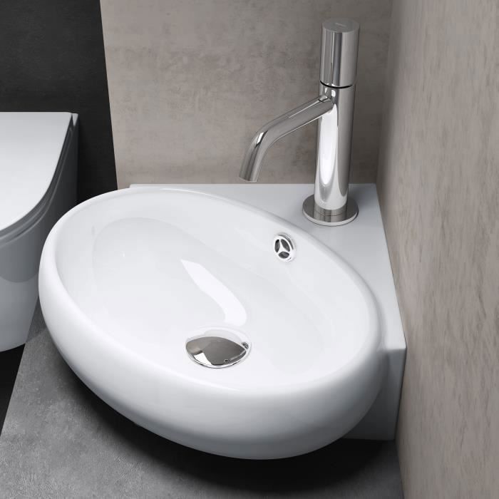 Sogood® Lavabo à Suspendre Vasque à Poser en Céramique Petit Lavabo Blanc pour Toilettes Invités 395x385x145mm Brüssel002