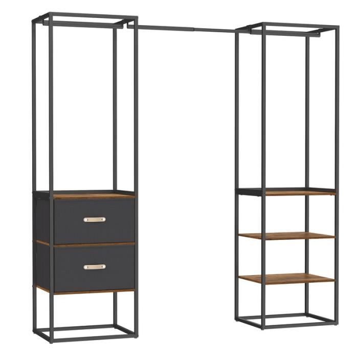 Armoire de Chambre - SONGMICS - avec 1 Tringle Extensible 2 Tiroirs et 4 Étagères - Marron Rustique