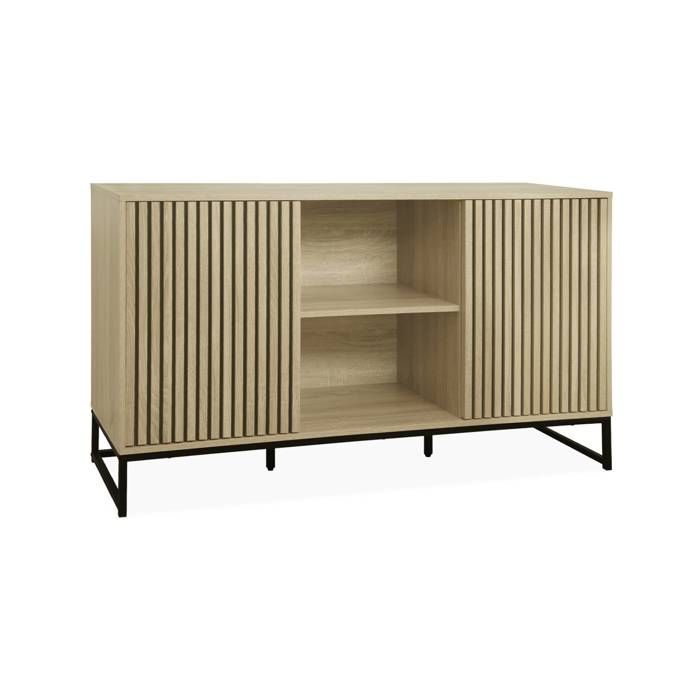 Buffet décor bois rainuré et métal 2 portes 140cm LISBONNE