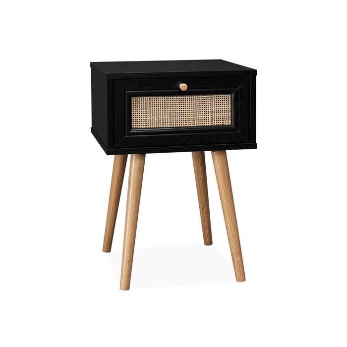 Table de chevet décor bois & cannage avec 1 tiroir - coloris noir - Bohème Table de chevet décor bois & cannage avec 1 tiroir - coloris noir - Bohème