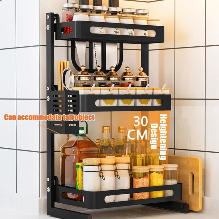 Étagère à Epice-3 Niveaux - Stockage dassaisonnement en acier inoxydable Avec Cage à baguettes + 3 Crochets + Porte-outils + Planch