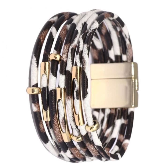 Suyi Bracelet Léopard En Cuir Pour Femmes Bracelet Manchette Multicouche Avec Boucle Magnétique