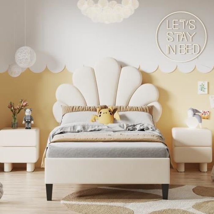 Lit Double 140x200 Cm Avec Tête De Lit Fleur - Velours Beige - Sommier à Lattes - Réglable En Hauteur - Sans Matelas
