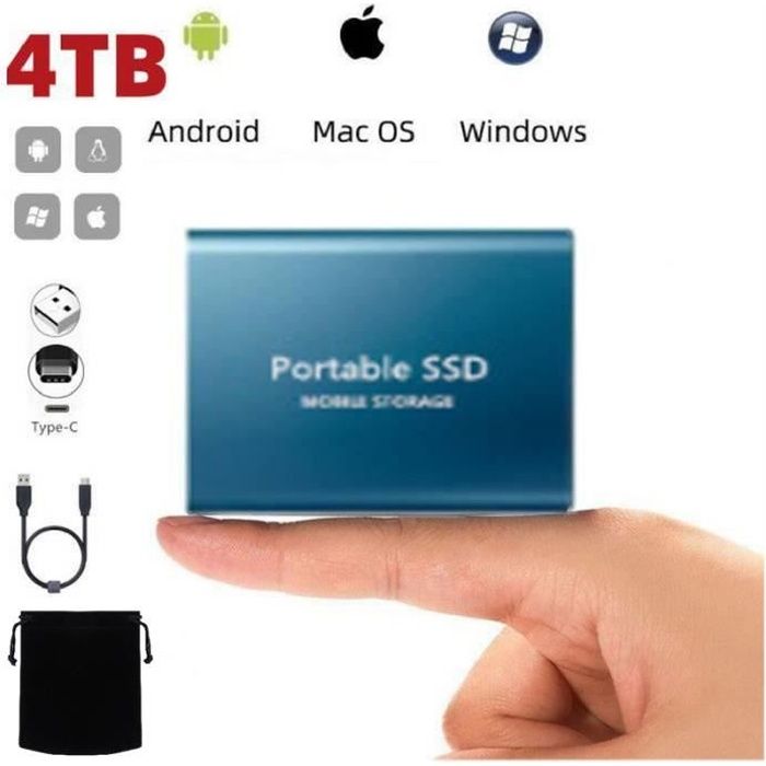 Disque SSD Mini Disque Dur Externe Portable 4TB 4To Bleu Type-C avec  Pochette Sac de Stockage en Tissu Noir - Cdiscount Informatique