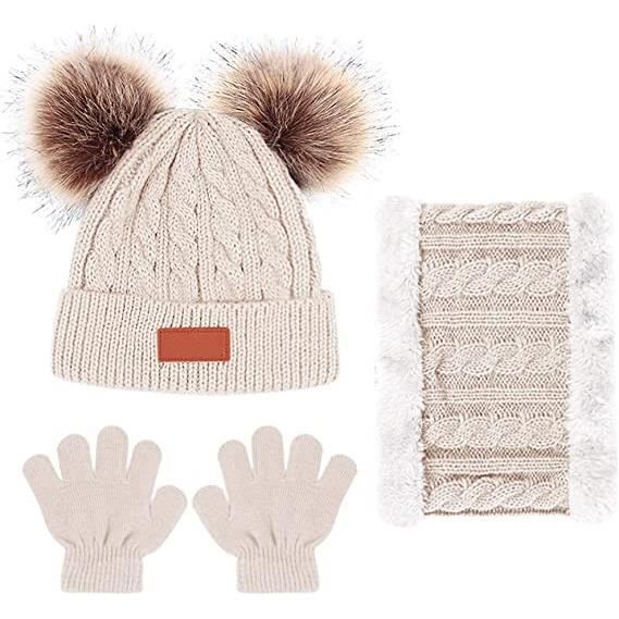 Acheter 3 pièces/ensemble enfants hiver bonnet chapeau écharpe gants  ensemble chaud pour enfants 1-5 ans filles garçon chaud Double pompons  bonnet tricoté