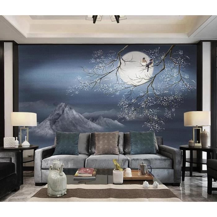 Papier Peint Panoramique Fleurs et oiseaux de lune Papier Peint 3D ...