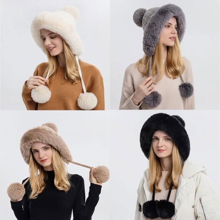 Bonnet Tricoté Femme Avec Pompon En Fausse Fourrure - Torsade, Doublure Polaire, Taille Unique (54-58 Cm)