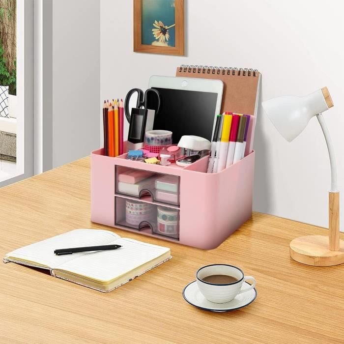 Organisateur De Bureau Avec Tiroirs - 2 Tiroirs + 6 Compartiments - Plastique ABS Blanc - 22 X 14,5 X 12 Cm