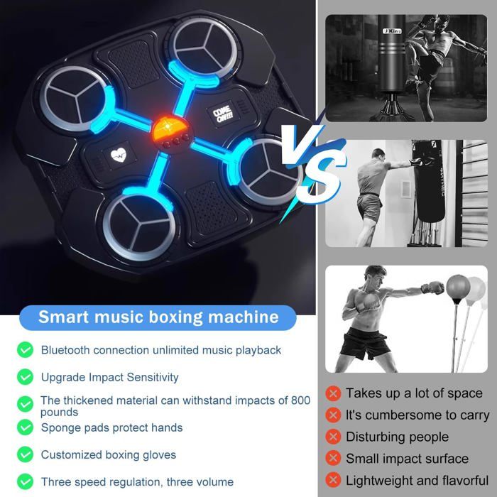Machine De Boxe Musicale Bluetooth Murale VXVMN - Avec Gants, 3 Modes, Lumières LED, Pour Enfants Et Adultes