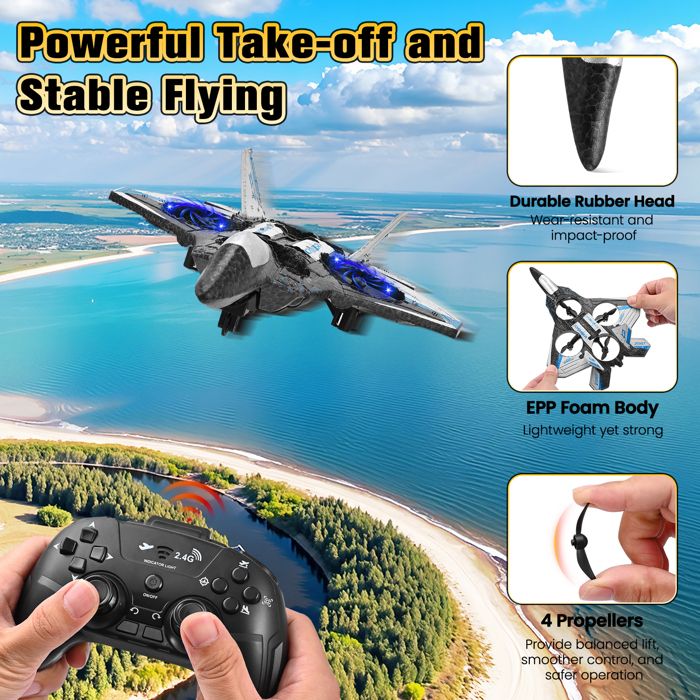 Avion RC 3 Vitesses – LED, 2 Batteries – Tonneaux 360° – Débutant – Bleu
