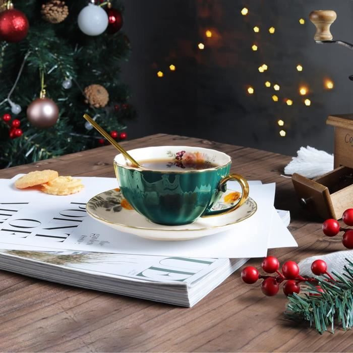 Ensemble tasse et soucoupe en céramique, porcelaine européenne, expresso,  café, cuillère dorée, tasse de Noël