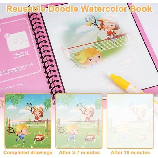 Livre de Dessin Magique de L'eau 6 Pièces Livre Coloriage Eau Magic Water Drawing Book Peinture Magique à L'eau Reutilisable avec 6 Stylo Magique pour Garçons Filles Cadeaux