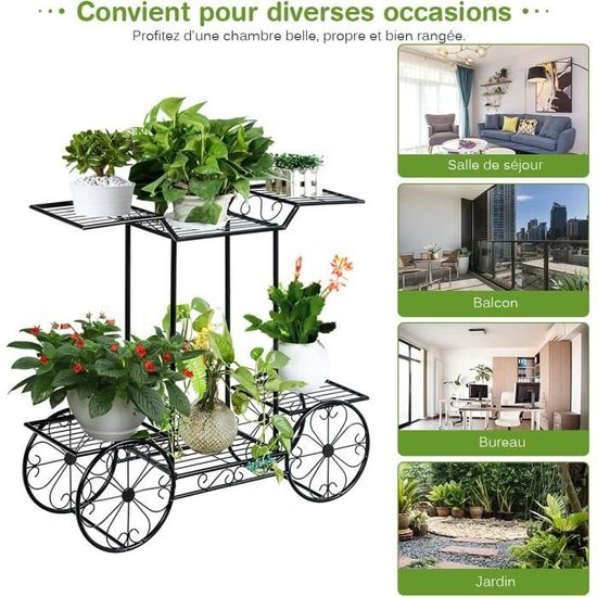 Étagère à Fleurs Métallique 2 Niveaux Noir - 64.5x33.5x18 Cm, Pliable, Pour Balcon, Jardin, Intérieur