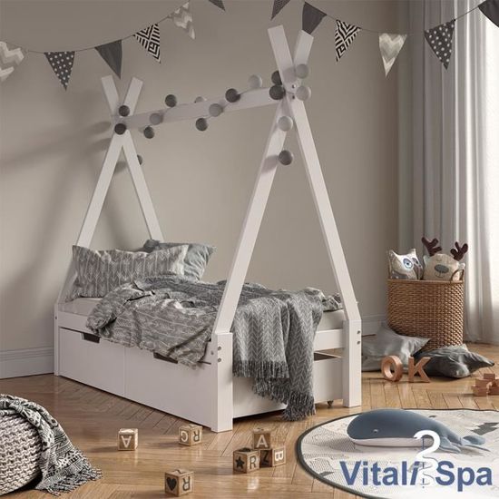 blanc 2 tiroirs+jeté lit tipi Tipi Lit enfant évolutif VitaliSpa 70 x 140cm 