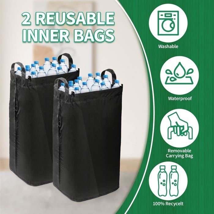 Poubelle De Recyclage 100L Avec Couvercle - Grande Corbeille Pliable Pour Cuisine Et Maison En Bambou Et Tissu Oxford Noir