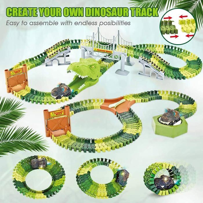 Mini Tudou – Piste De Dinosaures 174 Pièces, Rails Flexibles, 8 Figurines, 2 Voitures électriques Avec Lumières, Pour 3-6 Ans