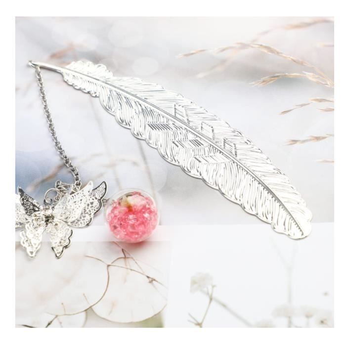2 Marque-pages Plume Métal Avec Papillon Et Fleur Sèche - Cadeau Lecteur