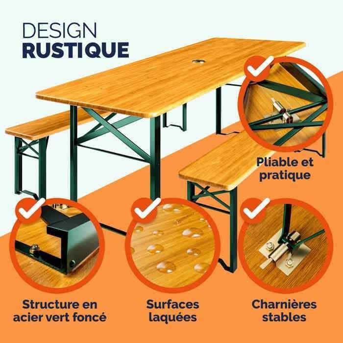 TecTake - Ensemble Table Et Bancs Pliables Bois - Style Brasserie Jardin