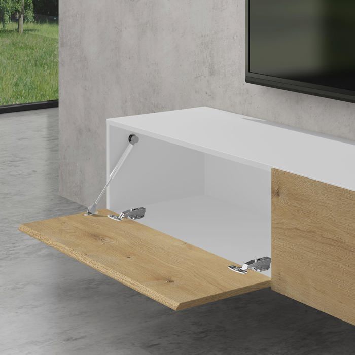 Meuble TV Suspendu Bas 160 Cm - Style Ferme Avec 2 Placards - Support TV Mural Rangement - Bois Blanc