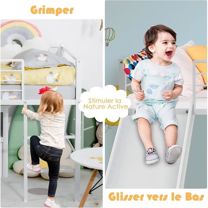 Lit Superposé Enfant Avec Toboggan Et Escalier - Mezzanine 90x200 Cm - Cadre Métal, Sécurité - COSTWAY (Noir)