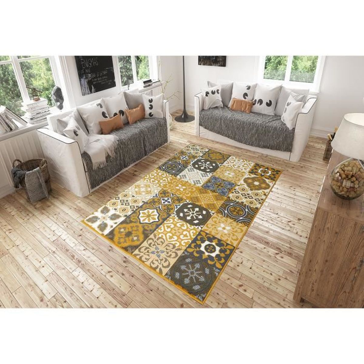 Tapis Salon Patchwork Carreaux Ciment Jaune Moutarde Debonsol