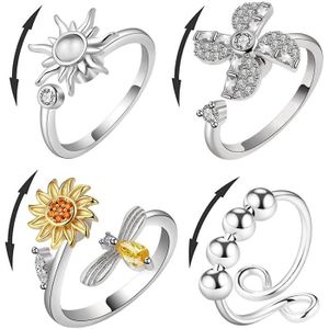 VELESAY Bague Spinner Argent 925 Sterling Silver Bague pour Femme Spinner Anxiety Bague avec Perles Bande Bague Spinner Fidget Reglable Bagues Anti Stress Bague Empilables 