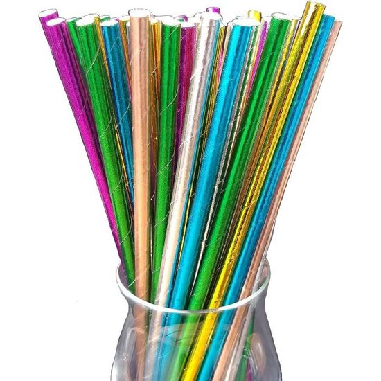 Lot De 100 Pailles En Papier Écologiques Pois Et Rayures Jaunes - Biodégradables Fêtes Et Anniversaires