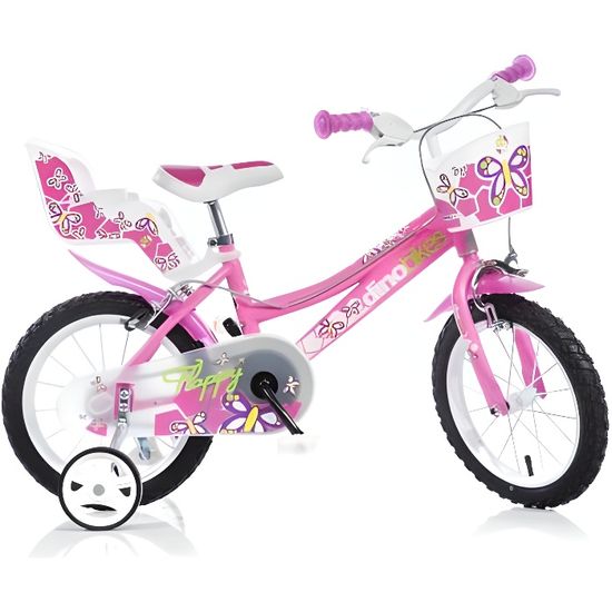 Velò Fille Dino Bikes 14 Pouces avec Stabilisateurs Poupées Porte Rose 