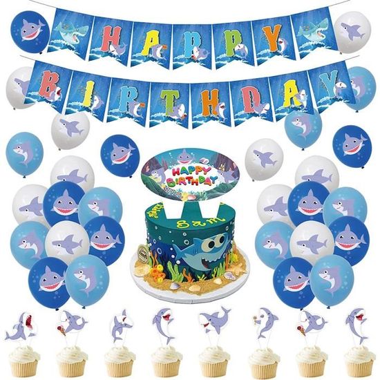 Set De Décoration Fête Thème Requin - Assiettes, Nappe, Ballons, Banner, Gobelets… Pour Anniversaire Enfant