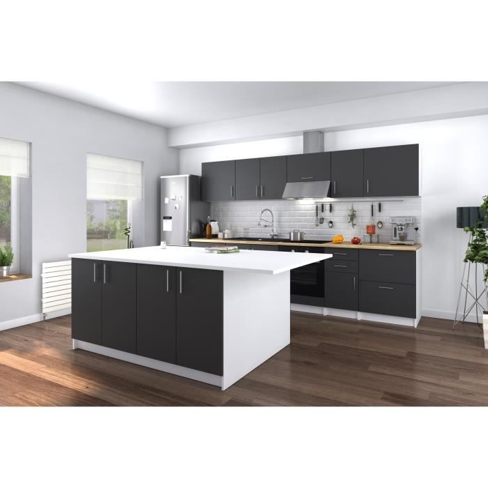 Obi Ilot Central Avec Plan De Travail L 160 Cm Blanc Et Gris Mat