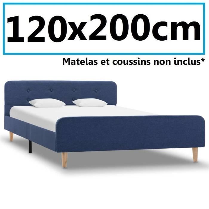 Lit Sommier 120x200cm adulte Chambre design avec dossier Rectangle Bleu Tissu pieds en bois M3