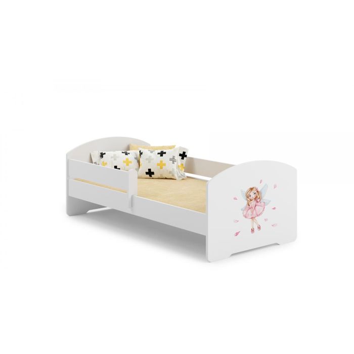 Lit enfant 160x80 cm -fille aux ailes- + sommier + matelas avec barrière de sécurité