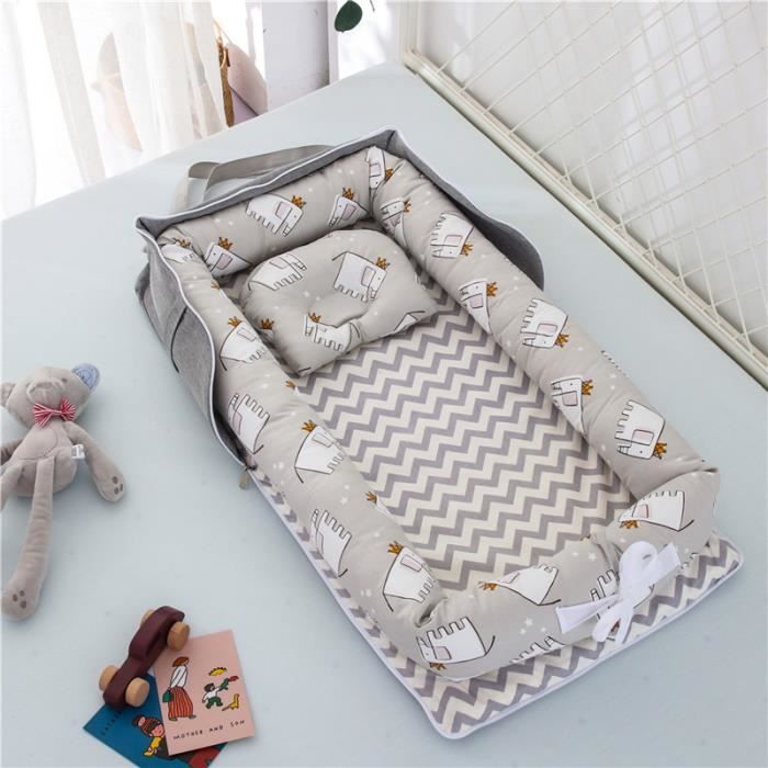 Lit Bébé Portable en Coton Reducteur de lit Pliable Nid pour nouveau-né nourrisson de voyage Lavable Berceau 0-2 Ans, Éléphant Gris