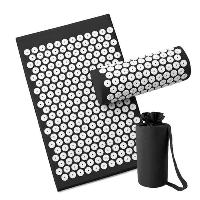 Letouch Tapis de yoga pour relaxation musculaire, tapis de massage sportif, tapis d'acupuncture avec oreiller et sac (Noir)