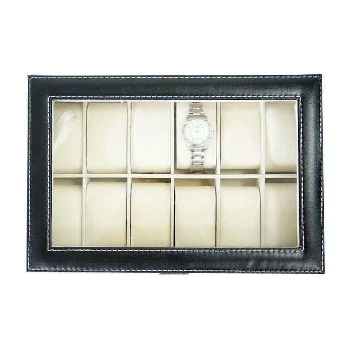 Presentoir Boîte à montres Coffret bijoux en cuir Cadeau pour homme (12 compartiments - Noir）