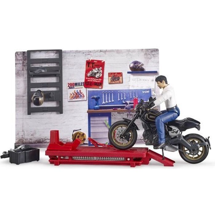 BRUDER - COFFRET FIGURINE MECANICIEN BWORLD AVEC MOTO ET ACCESSOIRES