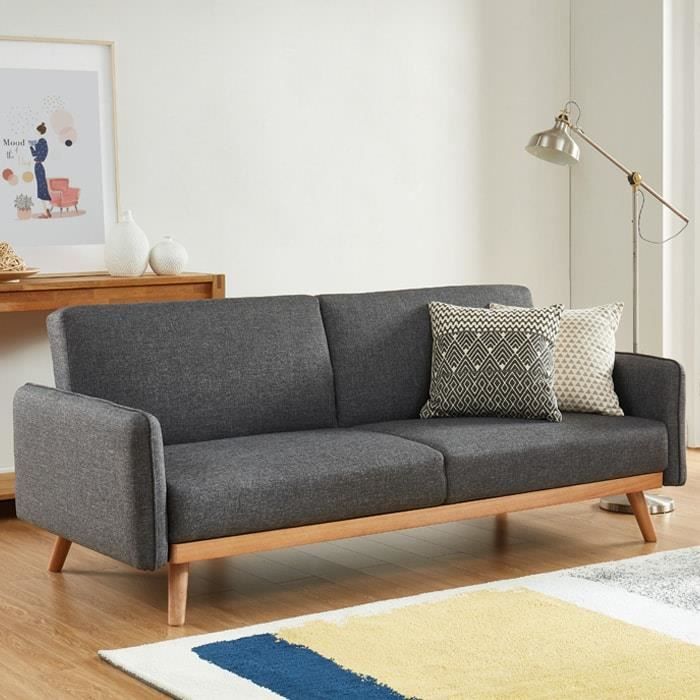 Canapé scandinave 3 places convertible en tissu gris anthracite avec couchage 113x190cm - Collection Theo Gris