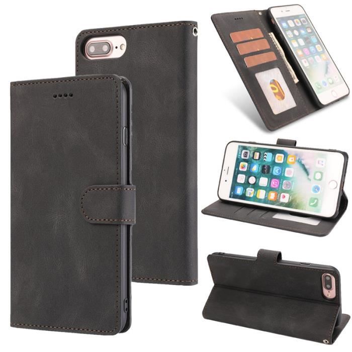 Étui iPhone 7 Plus, Portefeuille à Rabat Porte-Cartes en Cuir Housse Protection Simple Ultra-fin Support, Noir