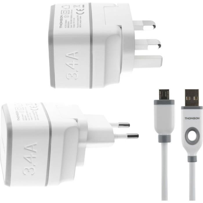 THOMSON Chargeur secteur de voyage avec câble USB / micro USB - Blanc