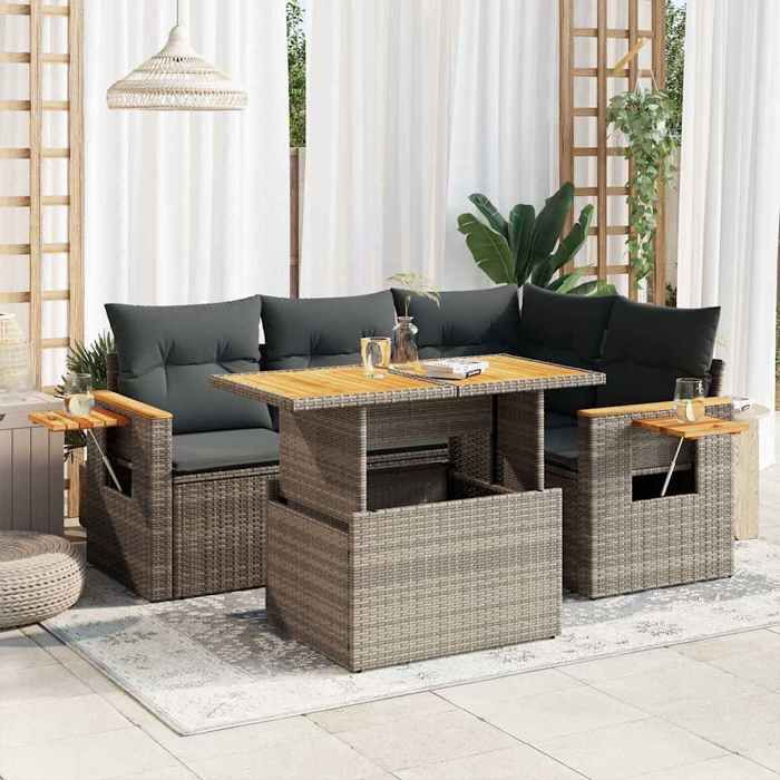 vidaXL Salon de jardin 5 pcs avec coussins gris résine tressée acacia 3327595