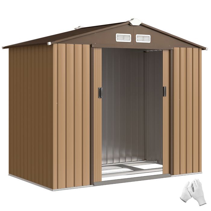 Abri de jardin - Outsunny - avec kit de fondation - cabanon porte verrouillable - 213 x 130 x 185 cm - tôle dacier - ocre