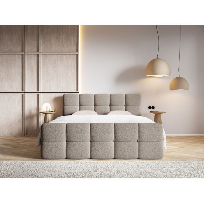 Lit continental - SELSEY - CLOUDY - 140x200 cm - tissu bouclé grège - matelas bonell + topper 5 cm