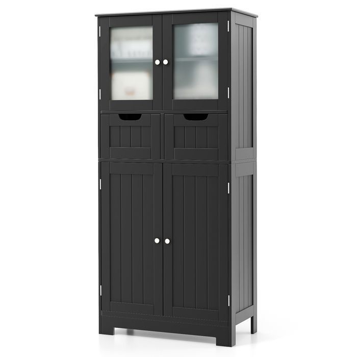 Colonne Salle de Bain COSTWAY avec 4 Portes 2 Tiroirs Armoire Salle de Bain pour Salon Cuisine 60 x 30 x 128 cm Noir