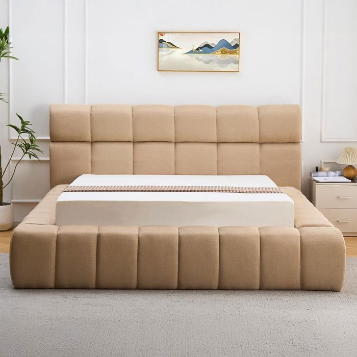 MENZZO Lit-coffre avec rebords matelassés Challow 140x190cm Tissu Beige - Tissu L192 x P237 x H105 cm