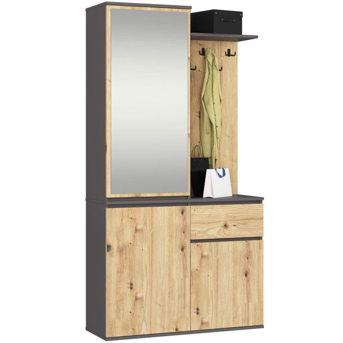 Ensemble de meubles dentrée ENTRO Gris graphite Chêne Artisan avec armoire et miroir 95 cm 1 tiroir 7 étagères 95x35x183 cm Ensemble de meubles dentrée ENTRO Gris graphite Chêne Artisan avec armoire et miroir 95 cm 1 tiroir 7 étagères 95x35x183 cm