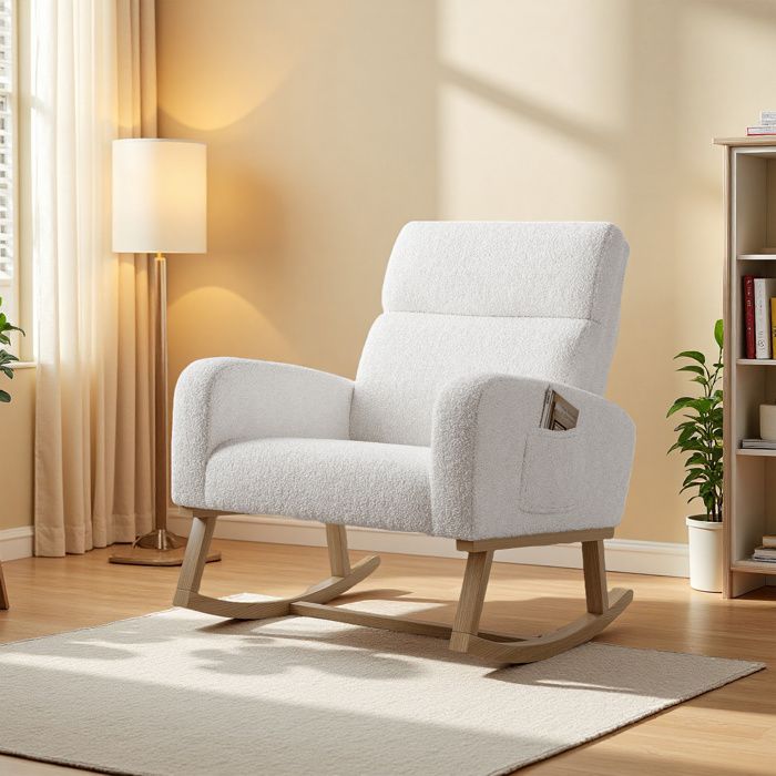 Fauteuil à bascule scandinave blanc en velours Teddy avec rangement pieds bois massif 1 place