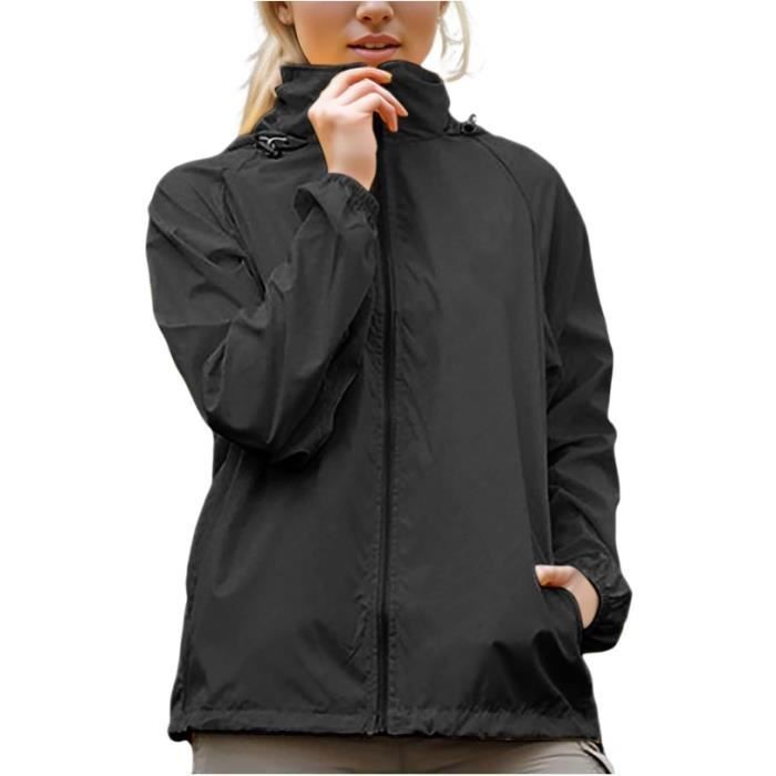 Veste de Pluie Femme - Impermeable - Léger - Séchage Rapide - Capuche - Multisport Noir