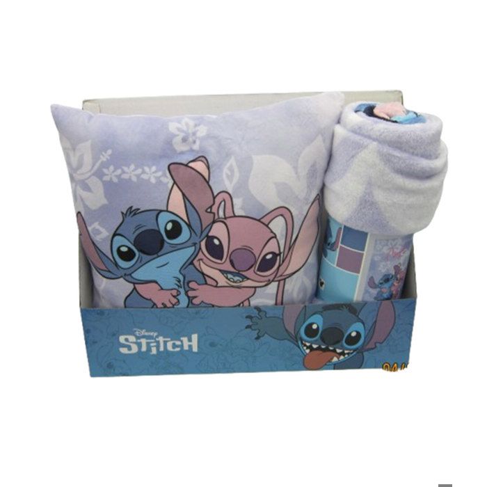 Coussin et Couverture - MERCIER - Stitch et Lilo - Flanelle - Violet - 35x35 cm et 100x140 cm