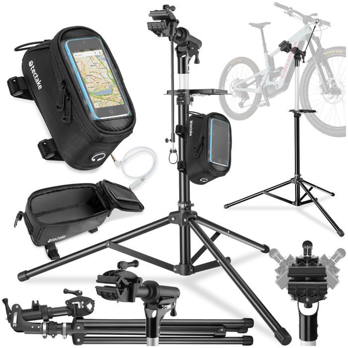 Entretien vélo - TECTAKE - Kit de réparation en acier pliable avec support et sacoche de cadre capacité 50kg