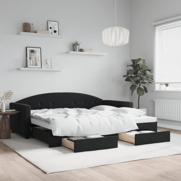 （Noir）Structure de lit100 % polyester - Lit single Lit de jour avec gigogne et tiroirs noir 90x190 cm velours 16651